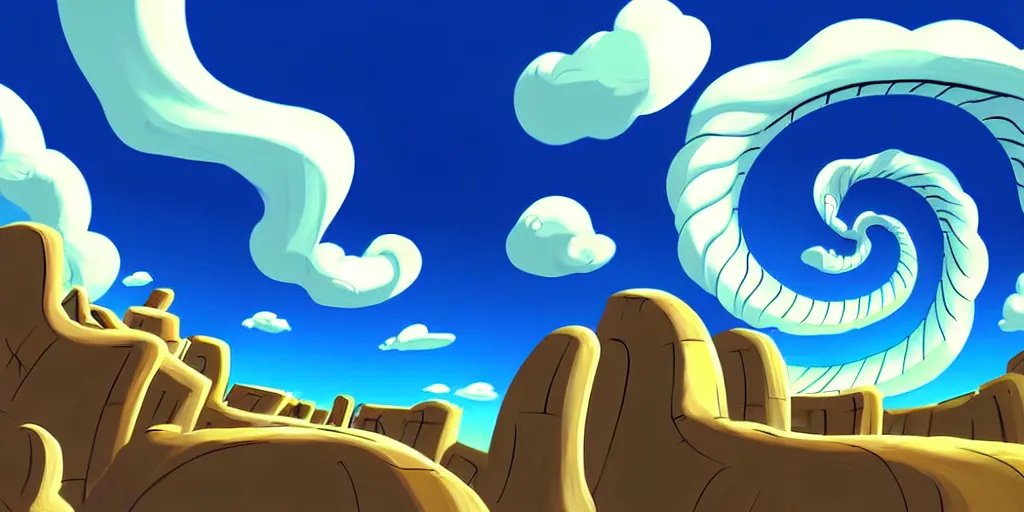 Image similar to cartoon concept art, clean blue sky spiral clouds, from sam and max