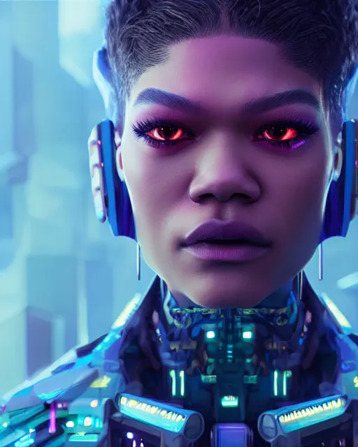 Image similar to portrait of Zendaya as a cyberpunk cyborg. intricate abstract. intricate artwork. by Tooth Wu, wlop, beeple, dan mumford. octane render, trending on artstation, greg rutkowski very coherent symmetrical artwork. cinematic, hyper realism, high detail, octane render, 8k, iridescent accents