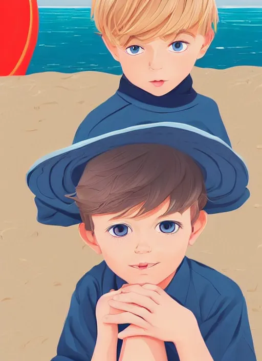 Prompt: a little boy with tousled blonde hair and blue eyes sitting on the beach. clean cel shaded vector art. shutterstock. behance hd by lois van baarle, artgerm, helen huang, by makoto shinkai and ilya kuvshinov, rossdraws, illustration, art by ilya kuvshinov