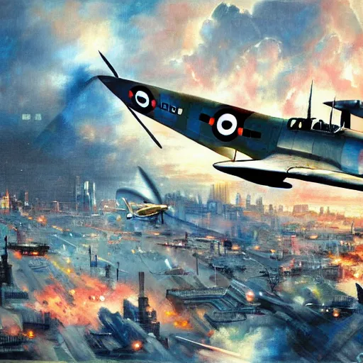 Image similar to ww2 spitfire plane flying through futuristic city, highly detailed, painting, brushstroke, anime artwork