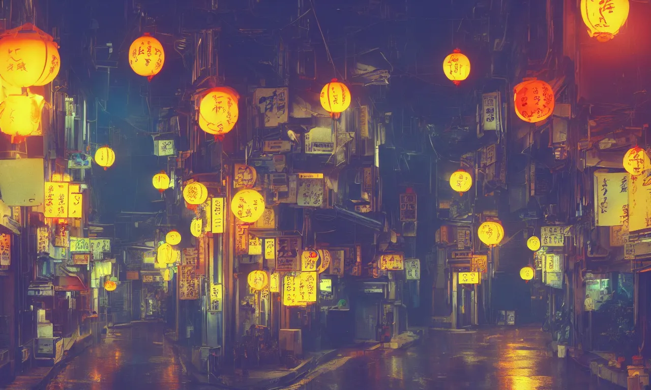 Prompt: A film still from a 1990s Sailor Moon cartoon featuring a moody street in Japan with a waterfall and lanterns, lofi aesthetic, golden hour, cinematic look, film grain, high detail, high resolution, 8k