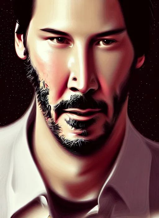 Image similar to portrait of keanu reeves eating pizza, intricate, elegant, glowing lights, highly detailed, digital painting, artstation, concept art, smooth, sharp focus, illustration, art by wlop, mars ravelo and greg rutkowski
