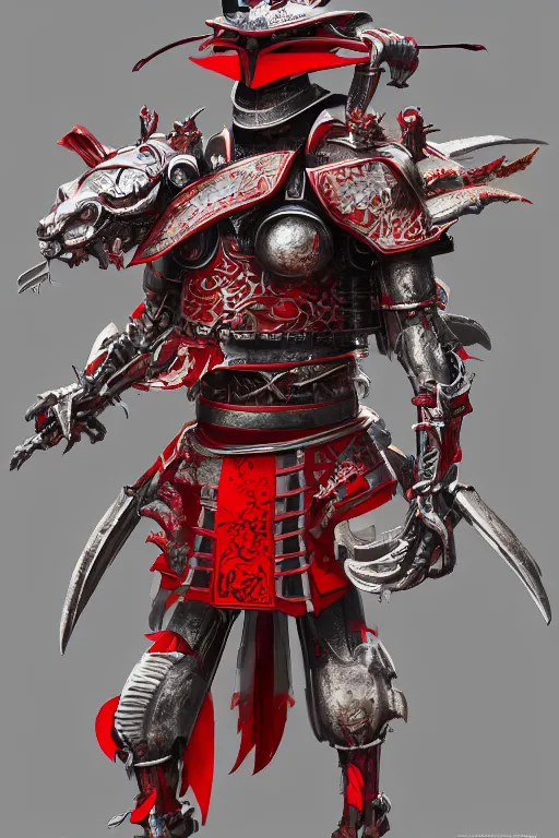 Image similar to full body portrait of a mechanical dragon samurai in red japanese armor, Records of the Three Kingdoms, Concept Art, ultra detailed, octane render, 8k, artstation