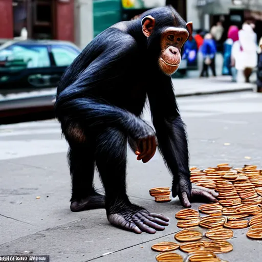 Image similar to a 5 0 mm photo of a chimpanzee picking up pennies on a street in manhattan, breathtaking, detailed and intricate environment, hyperrealistic