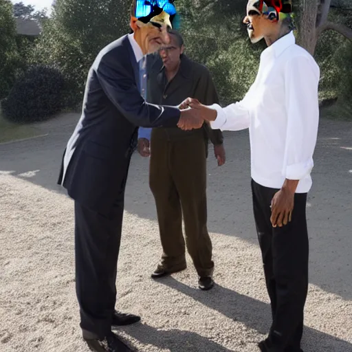 Image similar to photo of Obama shaking hands with Walter White from Breaking Bad