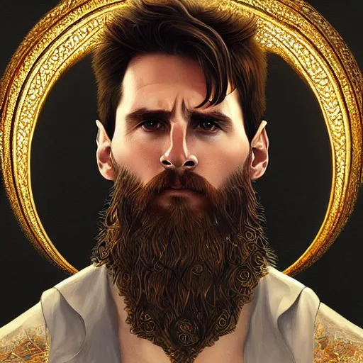 Image similar to Messi with a majestic beard, closeup, D&D, fantasy, intricate, elegant, highly detailed, digital painting, artstation, concept art, matte, sharp focus, illustration, art by Artgerm and Greg Rutkowski and Alphonse Mucha