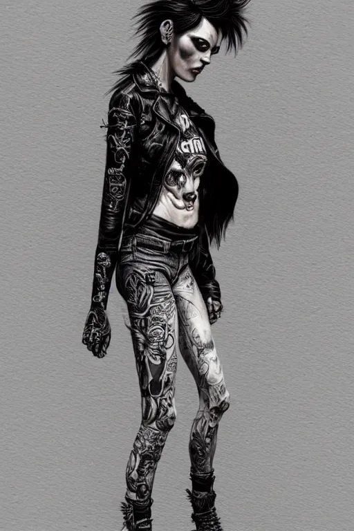 Image similar to fullbody potrait of punk rocker woman in street, woman is wearing t - shirt, hyper realistic, intricate, elegant, highly detailed, digital painting, artstation, concept art, matte, sharp focus art by boris vallejo and greg rutkowski, smooth, sharp focus, illustration