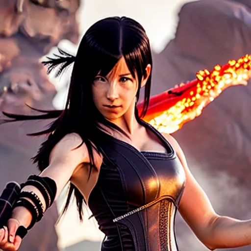 Prompt: promotional image of Tifa Lockhart as Fire Priestess in the new movie directed by Tetsuya Nomura, heavily armored and brandishing shillelagh, perfect face, movie still frame, promotional image, imax 70 mm footage