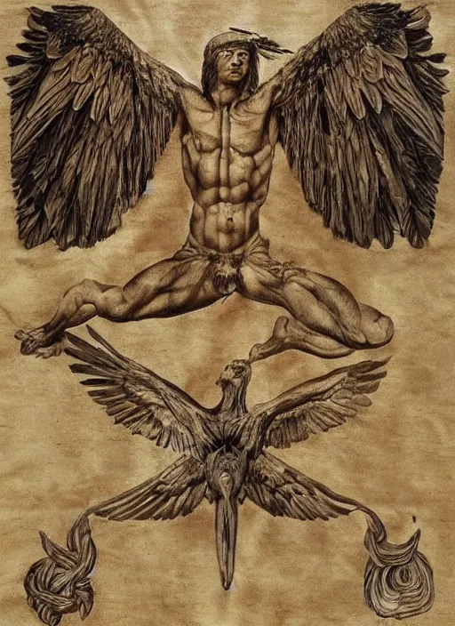 Image similar to Half human, half eagle, symetry, very detailed, painting in style of Leonardo Da Vinci