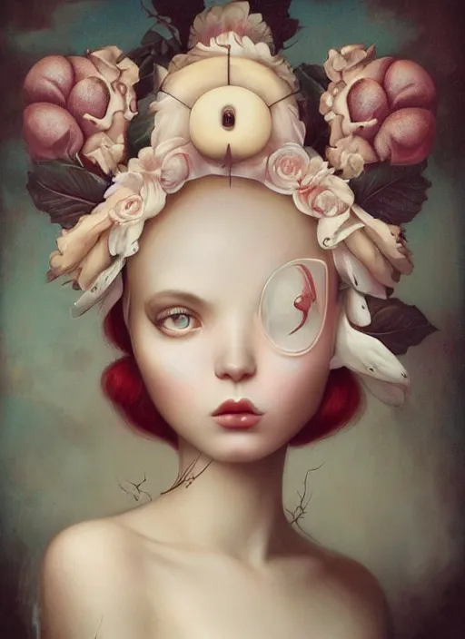 Image similar to pop surrealism, lowbrow art, realistic cute seductive female painting, romantic gown, hyper realism, muted colours, rococo, serafleur, natalie shau tom bagshaw, mark ryden, trevor brown style,