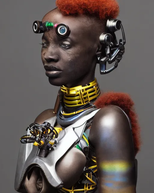 Image similar to beautiful afrofuturistic himba woman holding her helmet, otjize, led detailed spacesuit, himba hairstyle, robotic arms, hyperrealistic, scifi, retouched photograph, dark, muted colors