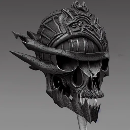 Image similar to a black sword skull handle, ornament, weapon, a 3 d render by dom qwek, studio lighting, front side view, trending on polycount, hard surface modeling, rendered in maya, 3 ds max, blender, artstation hd, vray