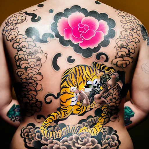 Image similar to photography of the back of a woman with a black detailed irezumi tatto representing a gold tiger with pink flowers on her entire back, dark hangar background, mid-shot, editorial photography