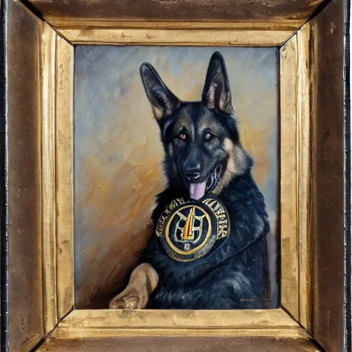 Image similar to a oil painting of a anthropomorphic german shepherd beast - man, wearing military outfit, sitting on an armchair