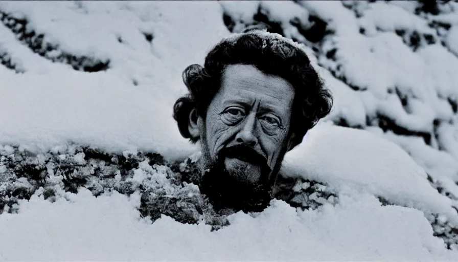 Prompt: 1 9 6 0 s movie still close up of marcus aurelius wearing chestplate and dape frozen to death under the snow by the side of a river with gravel, pine forests, cinestill 8 0 0 t 3 5 mm b & w, high quality, heavy grain, high detail, texture, dramatic light, anamorphic, hyperrealistic, detailed hair, foggy