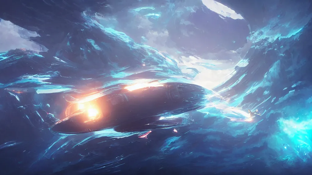Image similar to a futuristic submarine is exploring the depths of sea, filled with bioluminescent fish, dramatic lighting, dynamic lighting, cinematic lighting, by makoto makoto, krenz cushart and artgerm, anime, featured on artstation, ultrawide angle