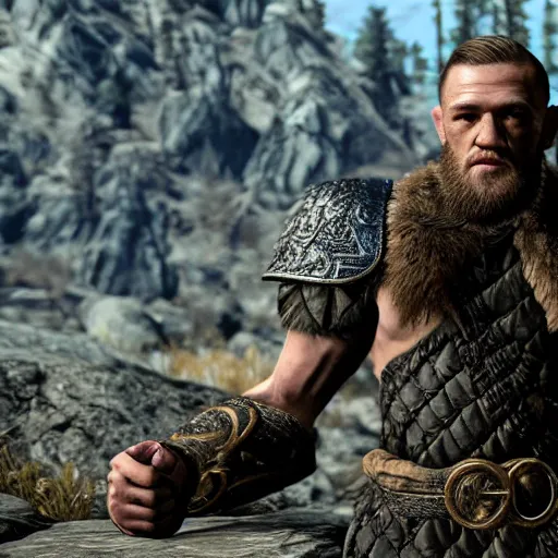 Prompt: character screenshot of conor mcgregor in skyrim, female armor, npc talking, wilderness, 1 0 8 0 p, bokeh, elder scrolls v, detailed, dialog text