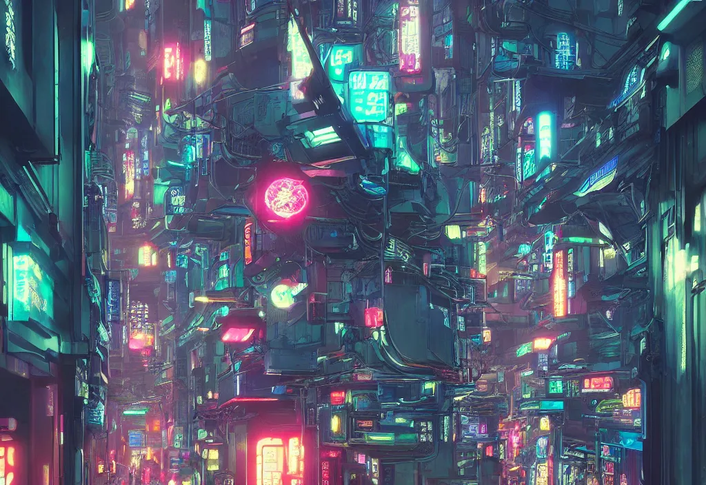 Image similar to a futuristic cyberpunk japanese izayaka alley with neon lights and lanterns, soft glow, intricate, cybernetic, viewed from above, trending on artstation, octane render, unreal engine, colorful, in the style of chris foss, rodger dean, moebius, michael whelan, and gustave dore