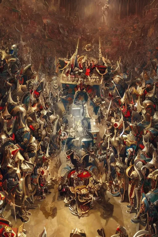 Image similar to Court warhammer harlequin surrounded by crowd, next to the king's throne, futuristic, oil on canvas, digital painting, artstation, concept art, smooth, sharp focus, illustration, artstation trending, perfect composition, golden ratio, beautiful detailed, cinematic, hyper realism, high detail, octane render, 8k, greg rutkowski very coherent symmetrical artwork