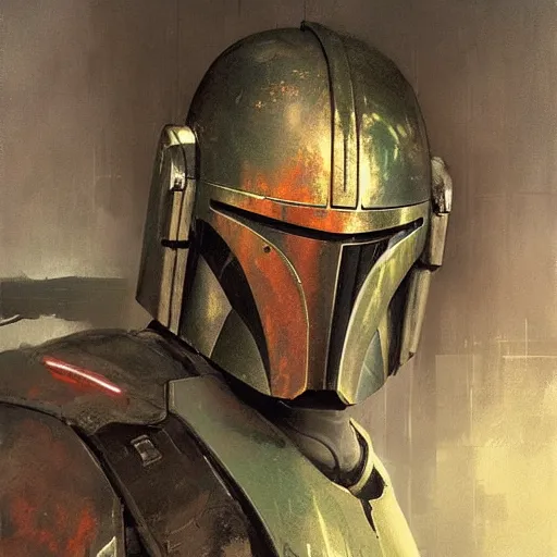 Image similar to portrait of an emotional mandalorian, by jeremy mann, peter elson.