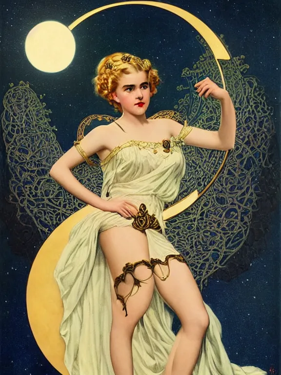 Image similar to kiernan shipka as the magic goddess Of the moon and witchcraft and satanism, a beautiful art nouveau portrait by Gil elvgren, moonlit New England forest environment, centered composition, defined features, golden ratio, intricate gold jewlery and black lace