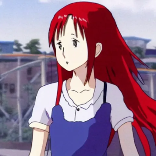 Image similar to A still from an anime of a young woman with a fake nose has red hair in the style of Studio Ghibli,