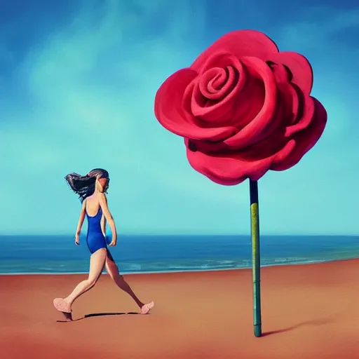 Image similar to portrait, giant rose flower head, woman running at the beach, surreal photography, sunrise, blue sky, dramatic light, impressionist painting, digital painting, artstation, simon stalenhag