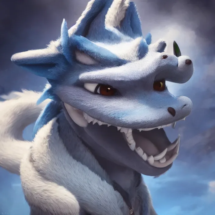 Image similar to a blue dragon with a white belly and gray horns in the style of zootopia by cory lofti, fenghua zhong, kuang hong, ruan jia, artstation, high detail, volumetric light