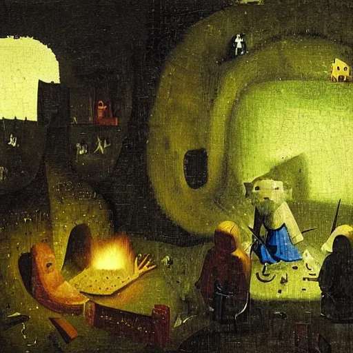 Image similar to night in a minecraft cave, by hieronymous bosch