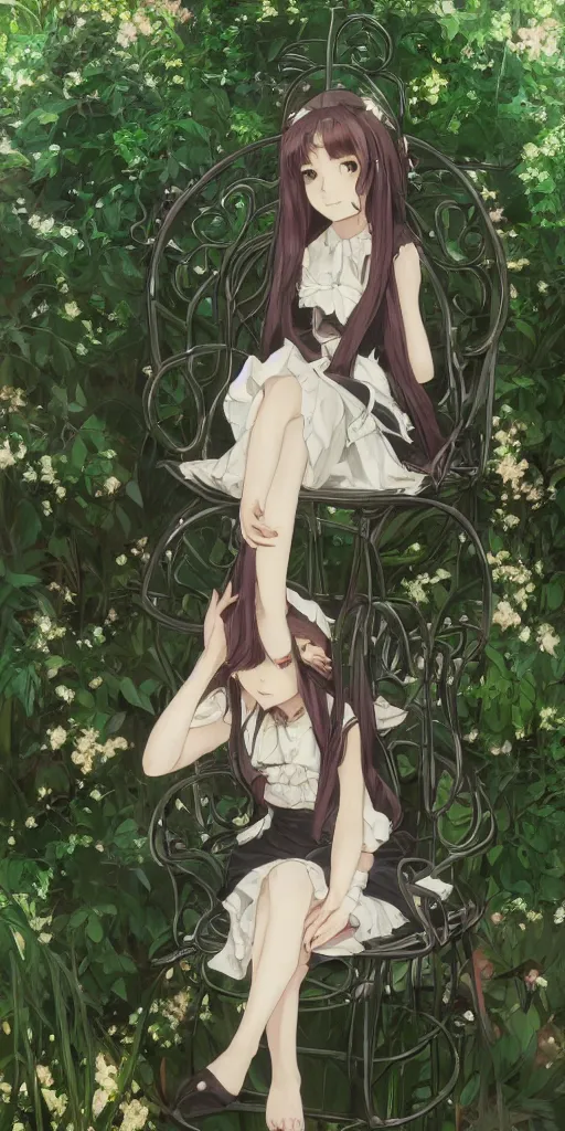 Image similar to a loli with long hair in a black dress sitting on a metal garden chair in the privet garden at afternoon, green and warm theme, back lighting, highly detailed, by krenz cushart and mucha and akihito yoshida and greg rutkowski and makoto shinkai and studio ghibli, detailed eyes, 4 k resolution, trending on art station