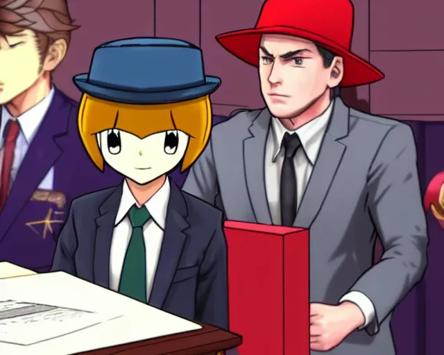 Image similar to phoenix wright defends hat kid in court