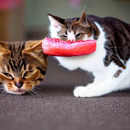 Image similar to photo of Cat biting into a juicy pink hamburger