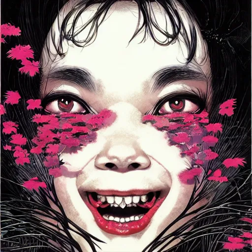 Prompt: portrait of crazy screaming beautiful singer bjork, big ribbon, ymmetrical, by yoichi hatakenaka, masamune shirow, josan gonzales and dan mumford, ayami kojima, takato yamamoto, barclay shaw, karol bak, yukito kishiro