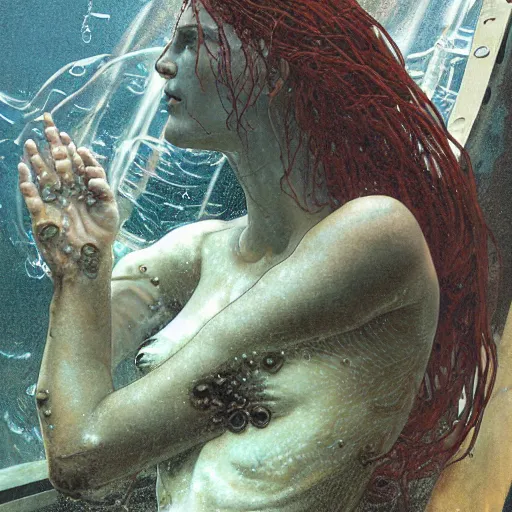 Image similar to a photograph of a create made out of a humanoid nervous system submerged and rusted in the water, cinematic, volumetric lighting, f 8 aperture, cinematic eastman 5 3 8 4 film, photorealistic by greg rutkowski, by stanley artgerm, by alphonse mucha