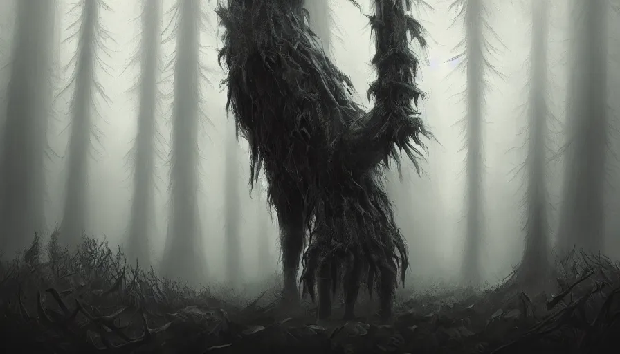 Image similar to a dark foggy forest, a very tall faceless monster standing amongst the trees, concept art, illustration, dark fantasy, high detail, trending on artstation