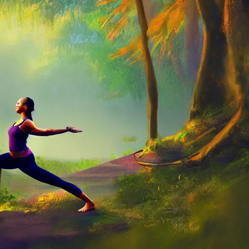 Prompt: lebron james doing yoga in the forest, matte painting, vibrant, colorful, 4 k, artstation, cgsociety