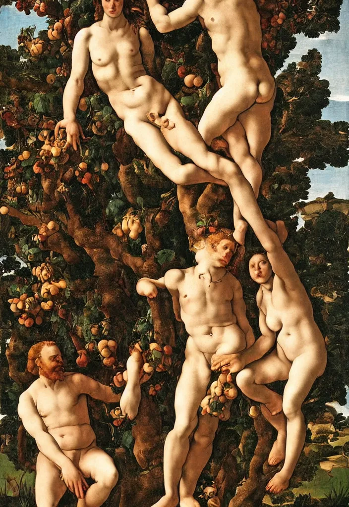 Prompt: men and women, portrait, garden with fruits on trees, ultra detailed, Orazio Gentileschi style, Michelangelo style