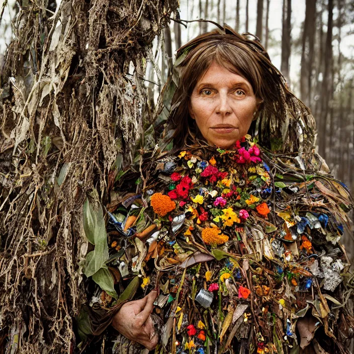 Image similar to closeup portrait of a woman wearing a cloak made of flowers and metal scraps, standing in a burnt forest, by Annie Leibovitz and Steve McCurry, natural light, detailed face, CANON Eos C300, ƒ1.8, 35mm, 8K, medium-format print