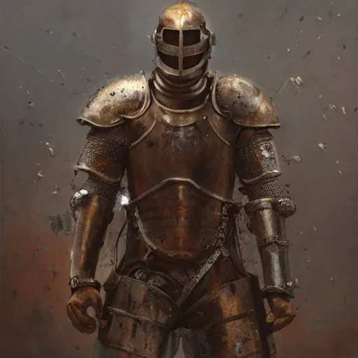 Image similar to A realistic painting of a knight in full plate armor, rusted and dirty armor, oil painting, by Greg Rutkowski, dark, moody lighting, trending on artstation, highly detailed