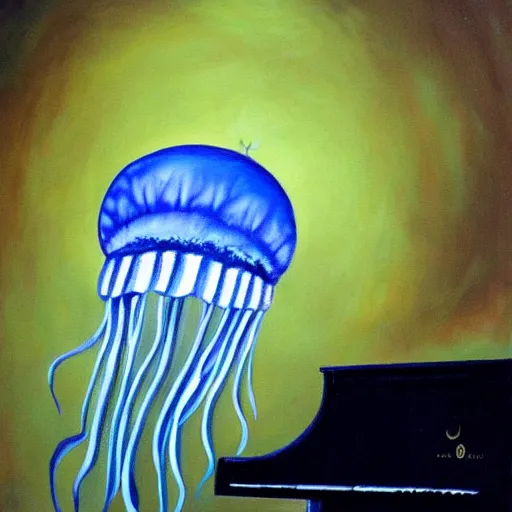 Image similar to a painting of a jellyfish playing the piano on stage in the spotlight