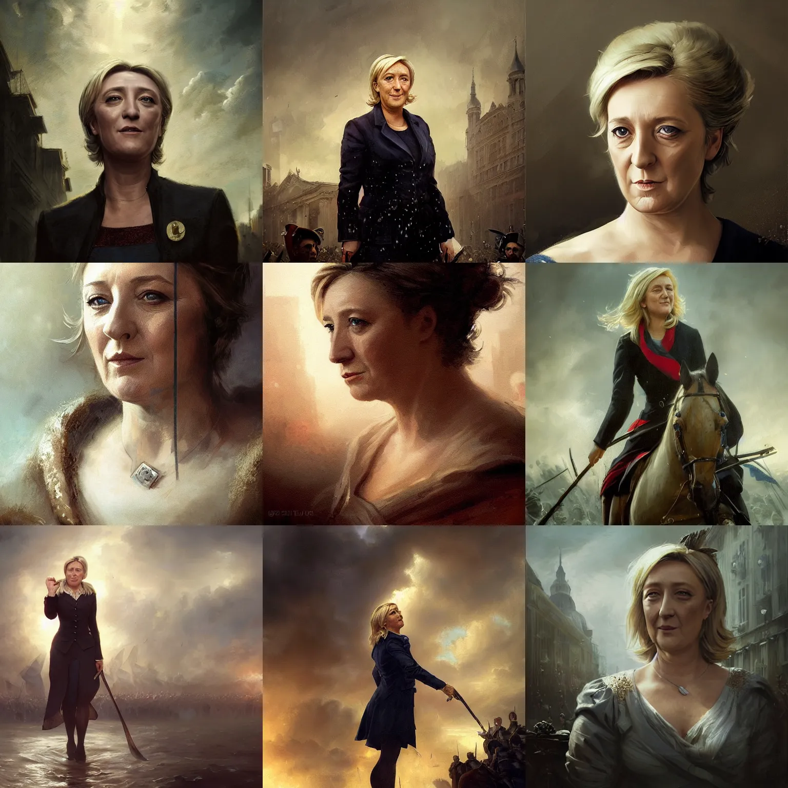 Image similar to Portrait of Marine le Pen , french revolution, amazing splashscreen artwork, splash art, head slightly tilted, natural light, elegant, intricate, fantasy, atmospheric lighting, cinematic, matte painting, by Greg rutkowski