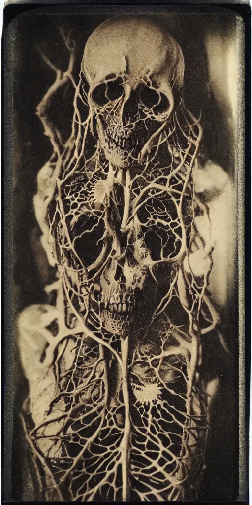 Prompt: an 1 9 1 0 polaroid photography of a very sad and detailed rotten woman corpse with fractal coral reefs and ornate growing all around, muscles, veins, arteries, bones, anatomical, skull, eye, ears, organs, flesh, full body, intricate, surreal, ray caesar, john constable, guy denning, dan hillier, black and white