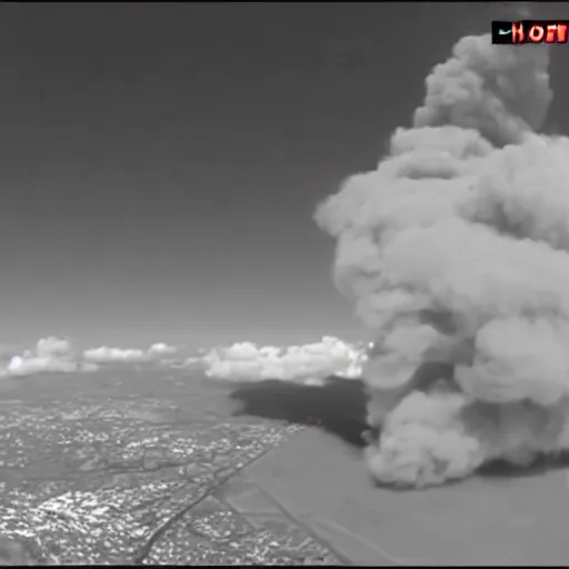 Image similar to combat drone strike war footage, ir, infrared camera, very high contrast, nuclear cloud, high angle vertical