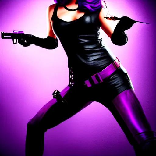 Prompt: beautiful female assassin as james bond, purple flowing hair, blood, cinematic, stunning, athletic, highly detailed, hard focus, dramatic cinematic lighting