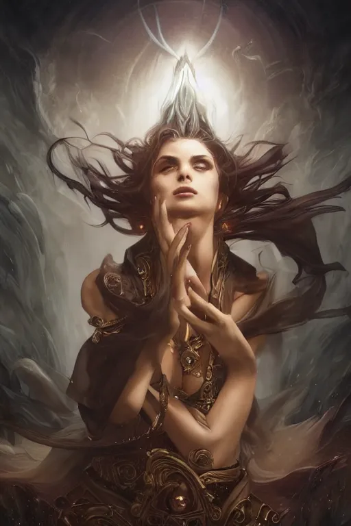 Image similar to seductive looking sorceress prays!!! magic the gathering, windy hair!, surreal dark fantasy, cinematic volumetric lights, portrait, dnd, intricate, elegant, highly detailed, digital painting, artstation, concept art, smooth, sharp focus, illustration, art by artgerm and tom bagshaw and greg rutkowski and alphonse mucha