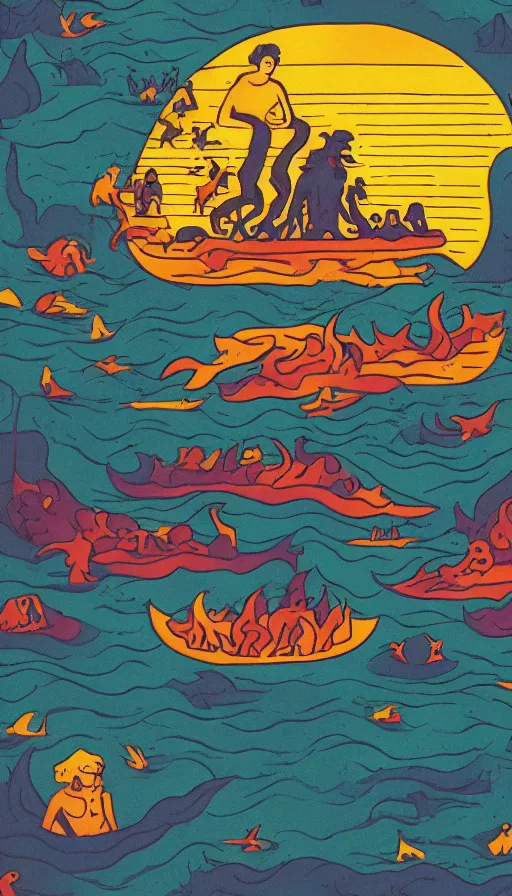 Image similar to man on boat crossing a body of water in hell with creatures in the water, sea of souls, by kurzgesagt,