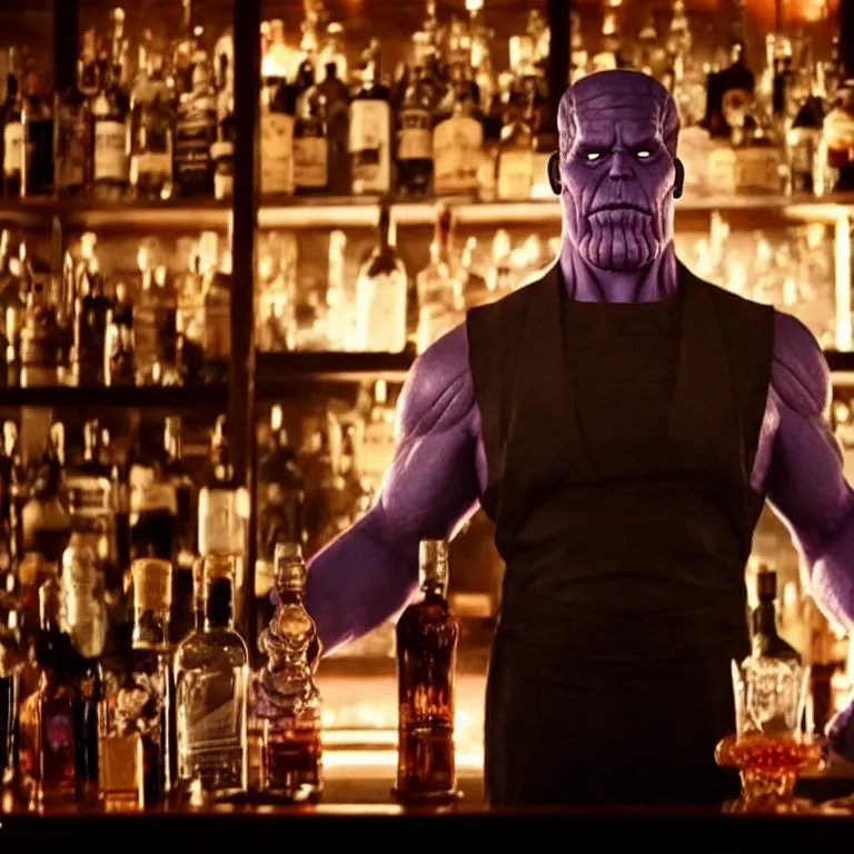 Prompt: thanos as a bartender on the titanic, ambient lighting, realistic, infinity stones and whiskey