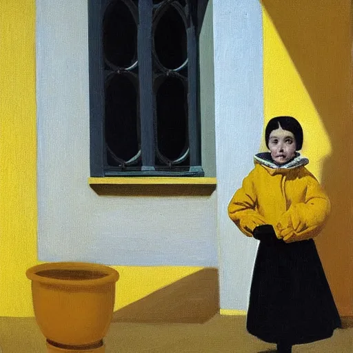 Image similar to a painting of a little girl with short black hair and wearing a yellow coat alone in the inner courtyard of an abbey by hopper and de chirico