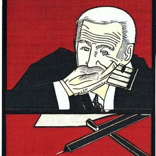 Image similar to Joe Biden writing his death haiku, Japanese woodblock print