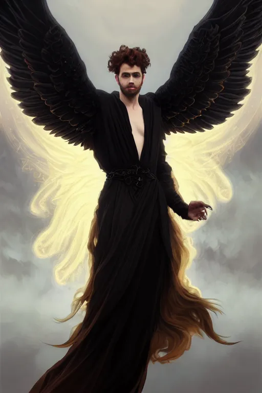 Image similar to symmetrical fullbody portrait of a beautiful young fit male angel with curly blond hairs, fulldressed in long fluent black clothes, majestic big red demonic wings, luminous fire halo, by greg rutkowski and alphonse mucha, gradient white to gold, in front of a smoky background, highly detailed portrait, digital painting, artstation, concept art, smooth, sharp focus illustration